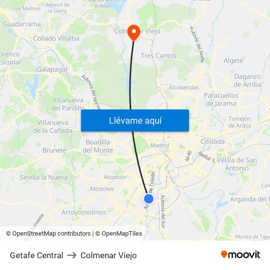 Getafe Central to Colmenar Viejo map