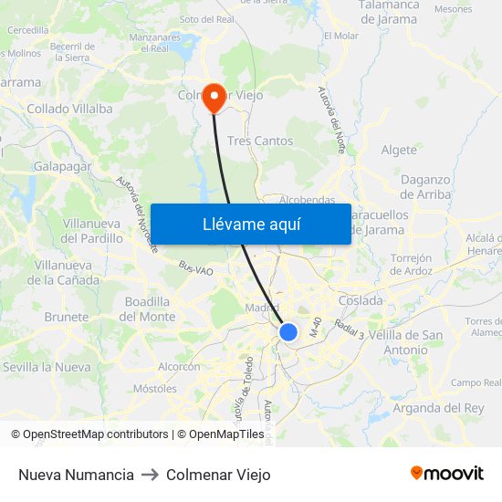 Nueva Numancia to Colmenar Viejo map