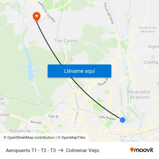 Aeropuerto T1 - T2 - T3 to Colmenar Viejo map
