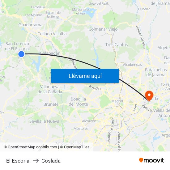 El Escorial to Coslada map