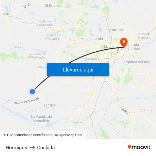 Hormigos to Coslada map
