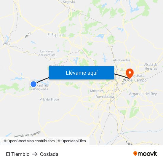 El Tiemblo to Coslada map