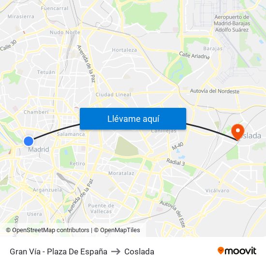 Gran Vía - Plaza De España to Coslada map