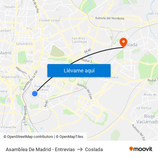 Asamblea De Madrid - Entrevías to Coslada map