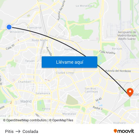 Pitis to Coslada map