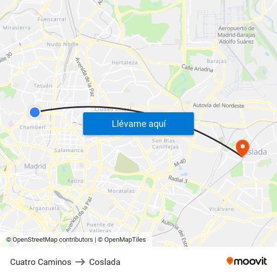 Cuatro Caminos to Coslada map