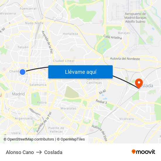 Alonso Cano to Coslada map