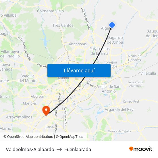 Valdeolmos-Alalpardo to Fuenlabrada map