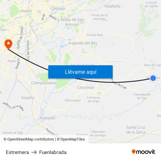 Estremera to Fuenlabrada map