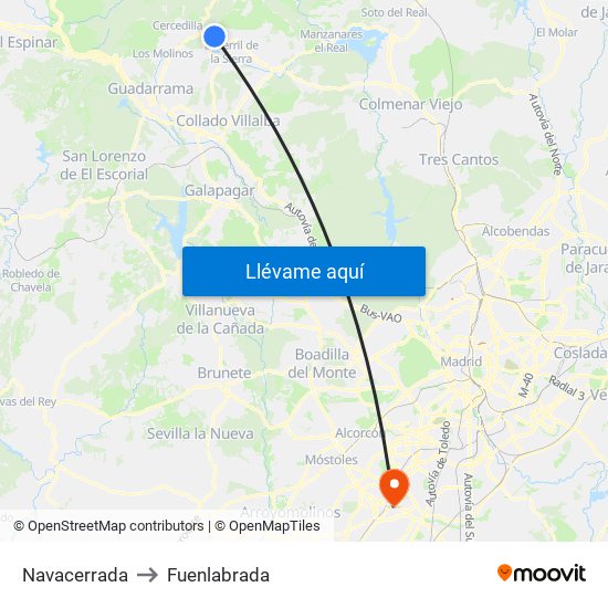 Navacerrada to Fuenlabrada map