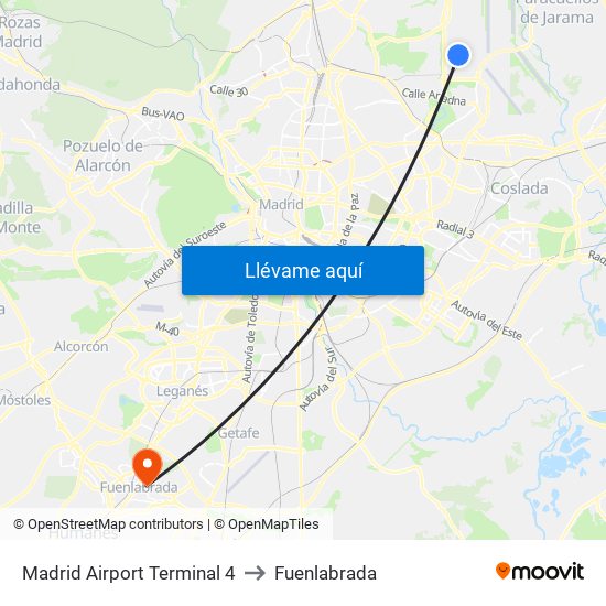 Madrid Airport Terminal 4 to Fuenlabrada map