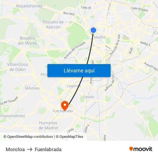 Moncloa to Fuenlabrada map