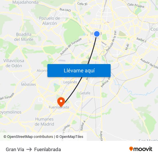 Gran Vía to Fuenlabrada map