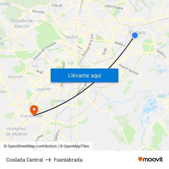 Coslada Central to Fuenlabrada map