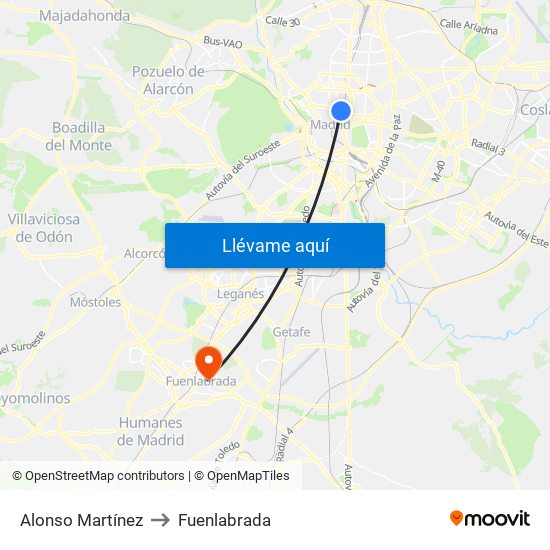 Alonso Martínez to Fuenlabrada map