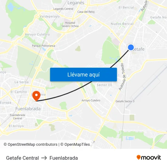 Getafe Central to Fuenlabrada map