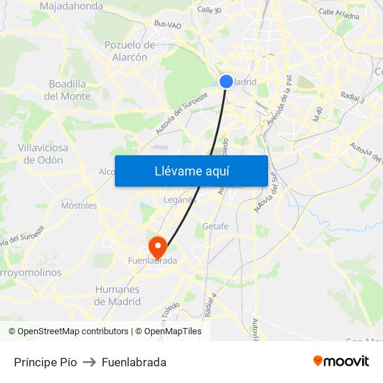 Príncipe Pío to Fuenlabrada map