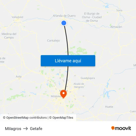 Milagros to Getafe map