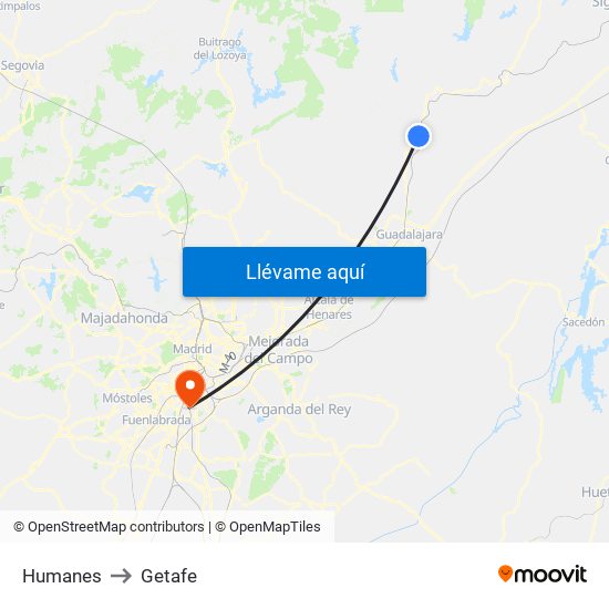 Humanes to Getafe map