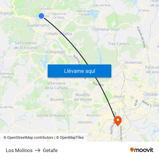 Los Molinos to Getafe map