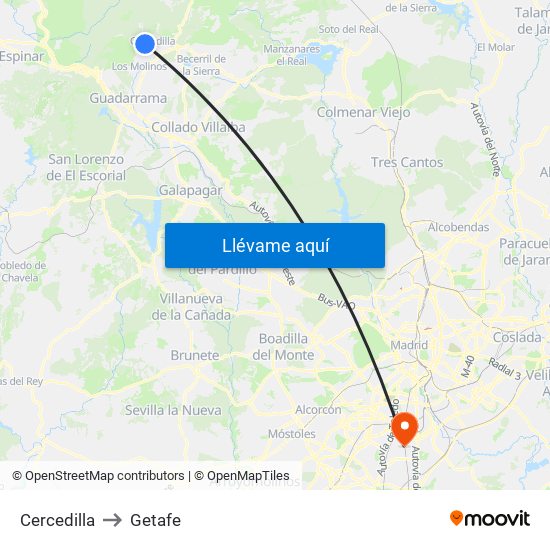 Cercedilla to Getafe map