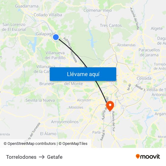 Torrelodones to Getafe map