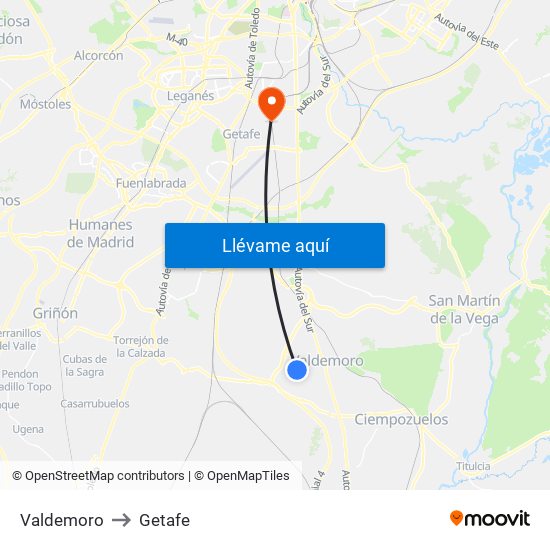 Valdemoro to Getafe map