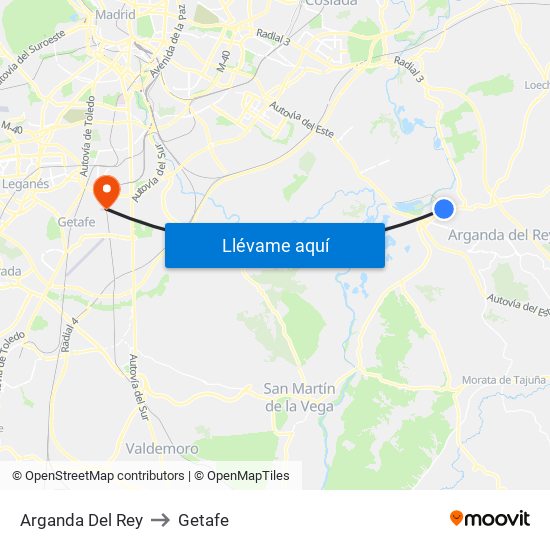 Arganda Del Rey to Getafe map