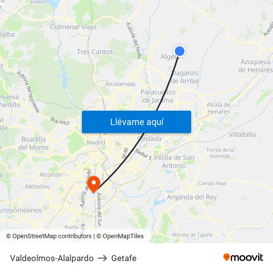 Valdeolmos-Alalpardo to Getafe map