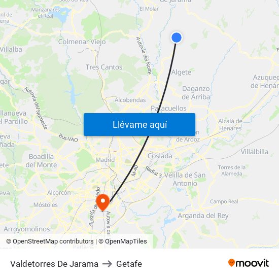 Valdetorres De Jarama to Getafe map