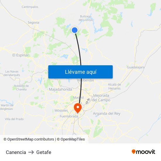 Canencia to Getafe map