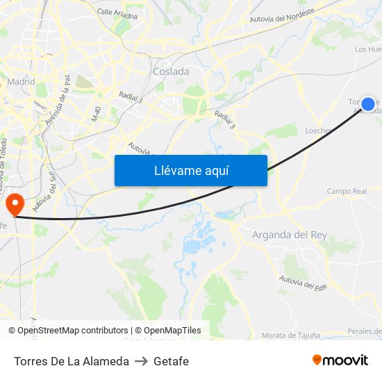 Torres De La Alameda to Getafe map