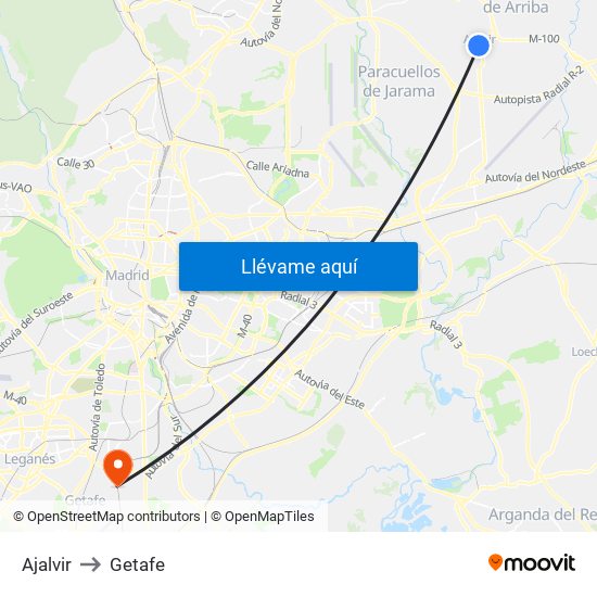 Ajalvir to Getafe map