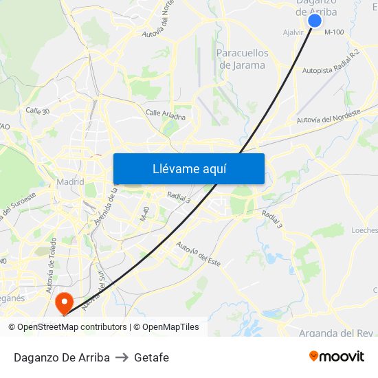 Daganzo De Arriba to Getafe map