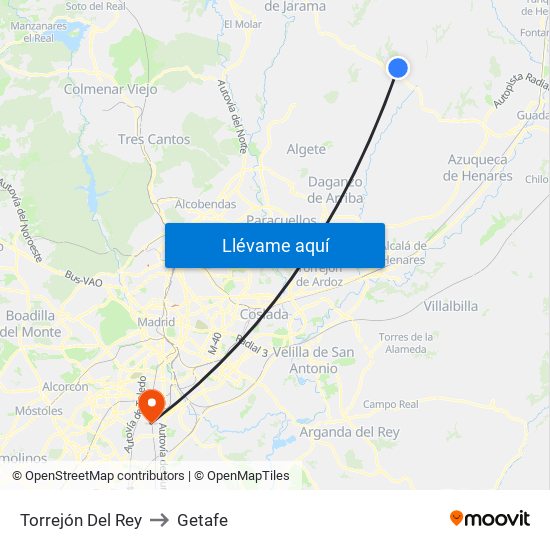 Torrejón Del Rey to Getafe map