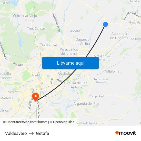 Valdeavero to Getafe map