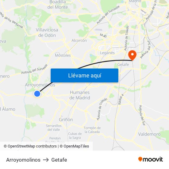 Arroyomolinos to Getafe map