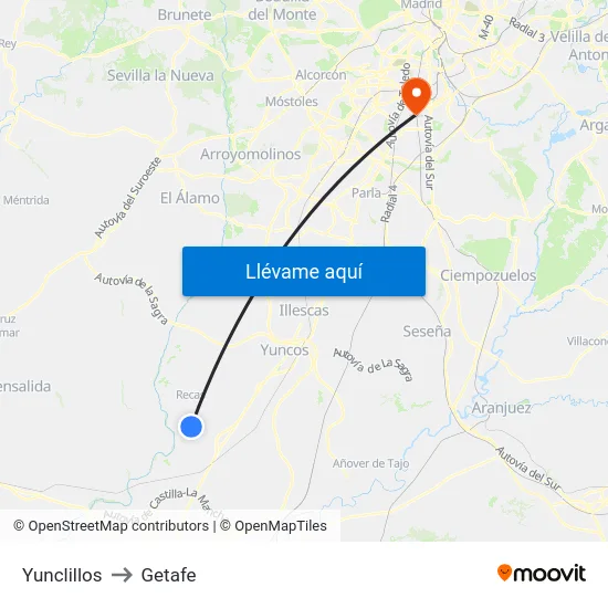 Yunclillos to Getafe map