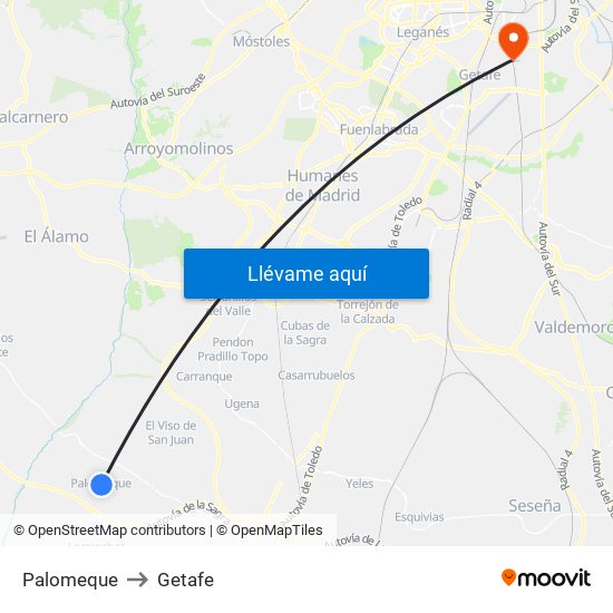 Palomeque to Getafe map