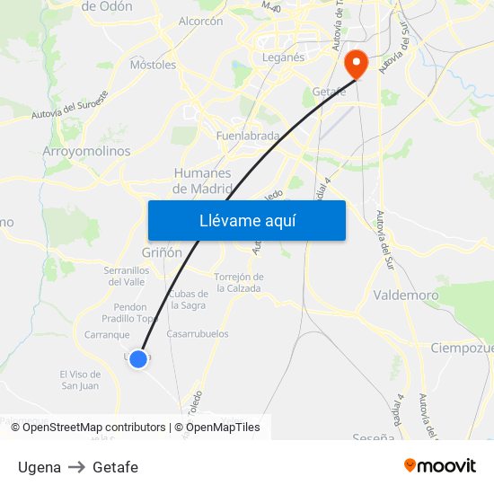 Ugena to Getafe map