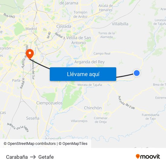 Carabaña to Getafe map