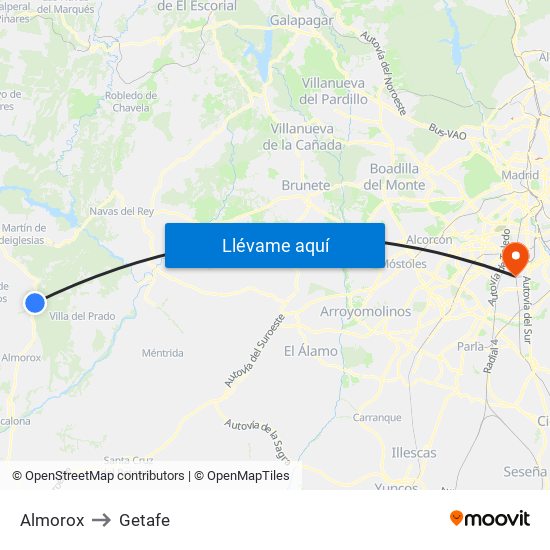 Almorox to Getafe map