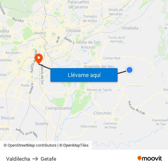 Valdilecha to Getafe map