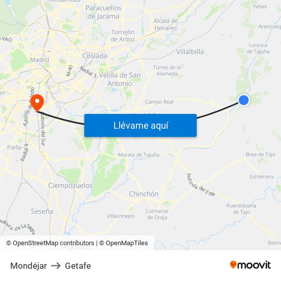 Mondéjar to Getafe map