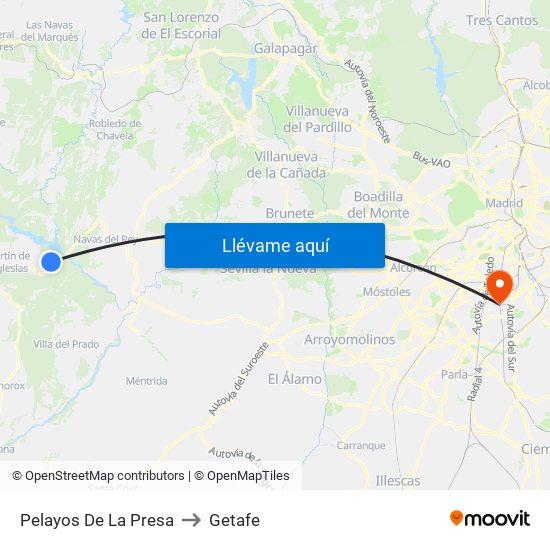 Pelayos De La Presa to Getafe map