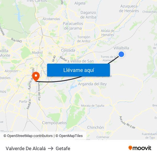 Valverde De Alcalá to Getafe map