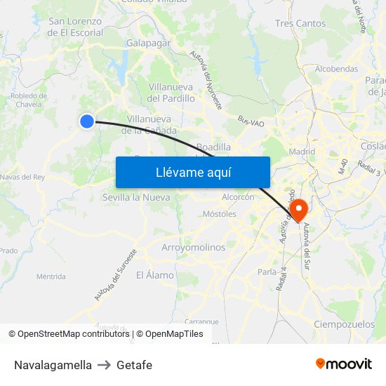 Navalagamella to Getafe map