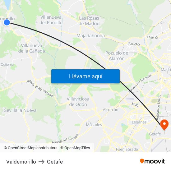 Valdemorillo to Getafe map