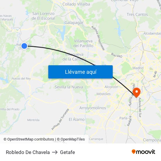 Robledo De Chavela to Getafe map