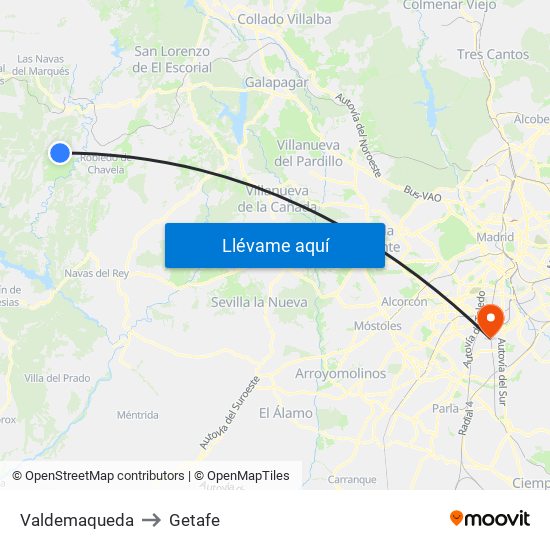 Valdemaqueda to Getafe map